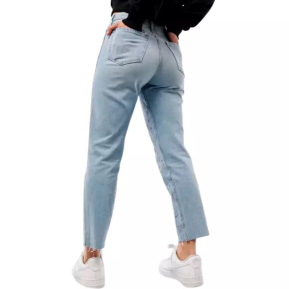 NWT Hollister Ultra High Rise Mom Jeans Women's Size 24 Unhemmed Blue Artsy Cat - Picture 2 of 16